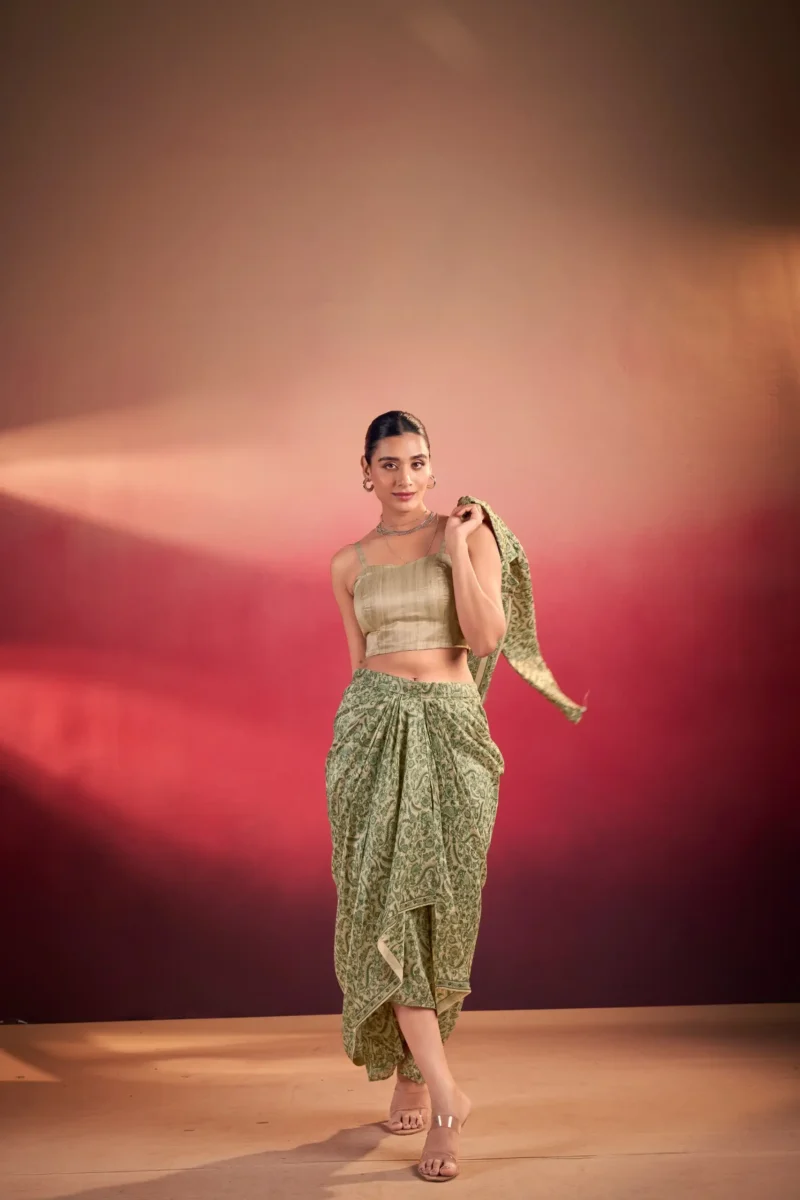 Green Colour Boho Indo Western Dress with Printed Drapped Skirt without jacket