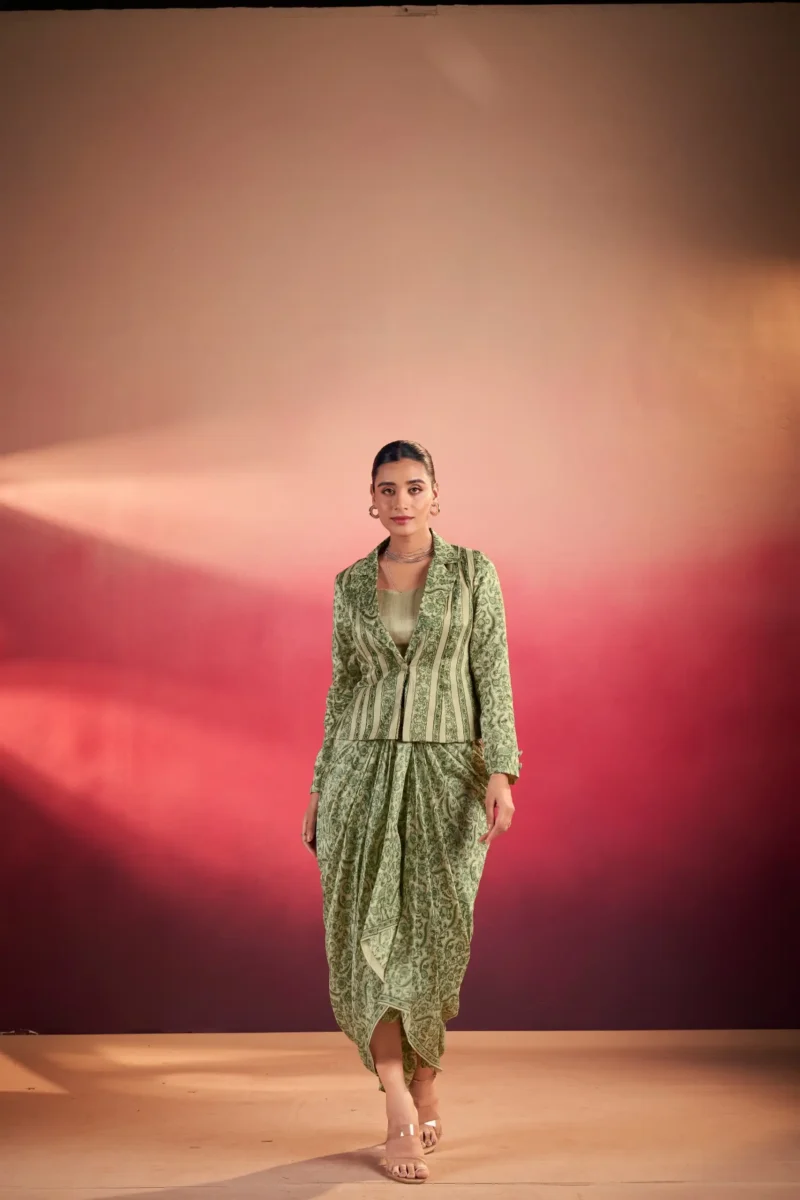 Green Colour Boho Indo Western Dress with Printed Drapped Skirt