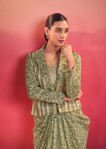 Green Colour Boho Indo Western Dress with Printed Drapped Skirt close look