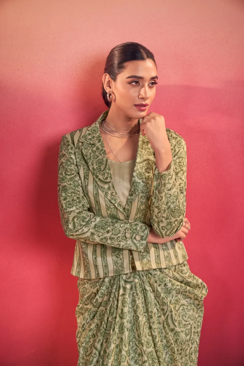 Green Colour Boho Indo Western Dress with Printed Drapped Skirt close look
