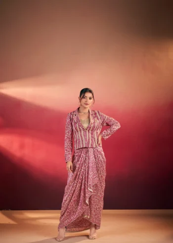 Pink Colour Boho Indo Western Dress with Printed Drapped Skirt front look