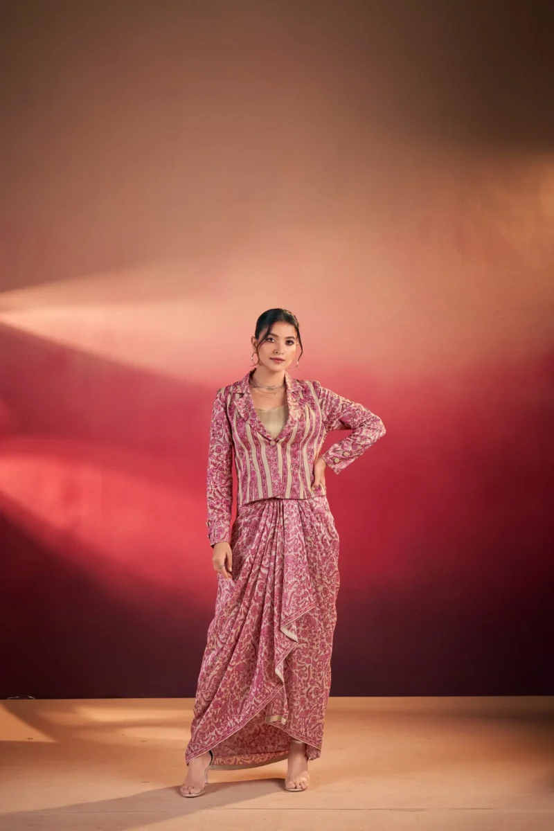 Pink Colour Boho Indo Western Dress with Printed Drapped Skirt front look