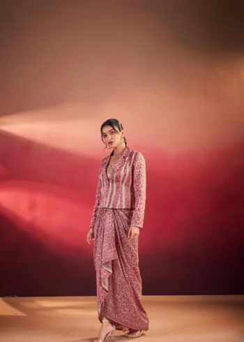 Pink Colour Boho Indo Western Dress with Printed Drapped Skirt