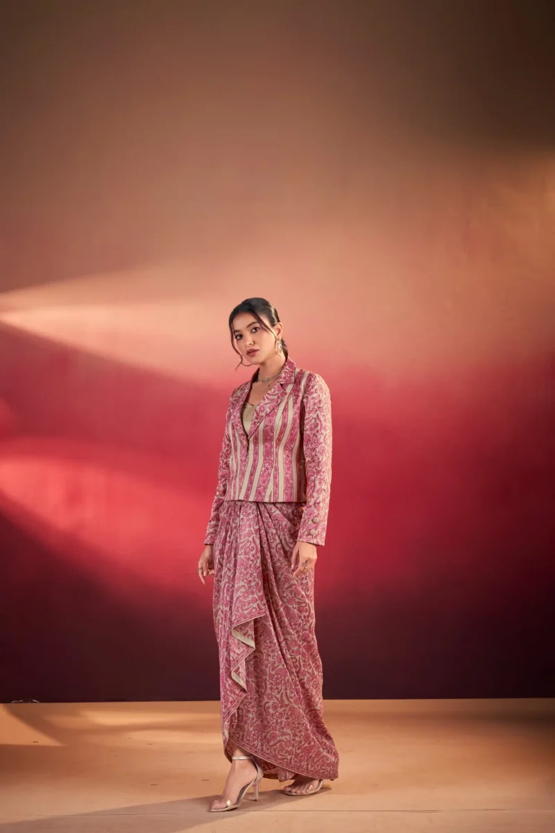 Pink Colour Boho Indo Western Dress with Printed Drapped Skirt