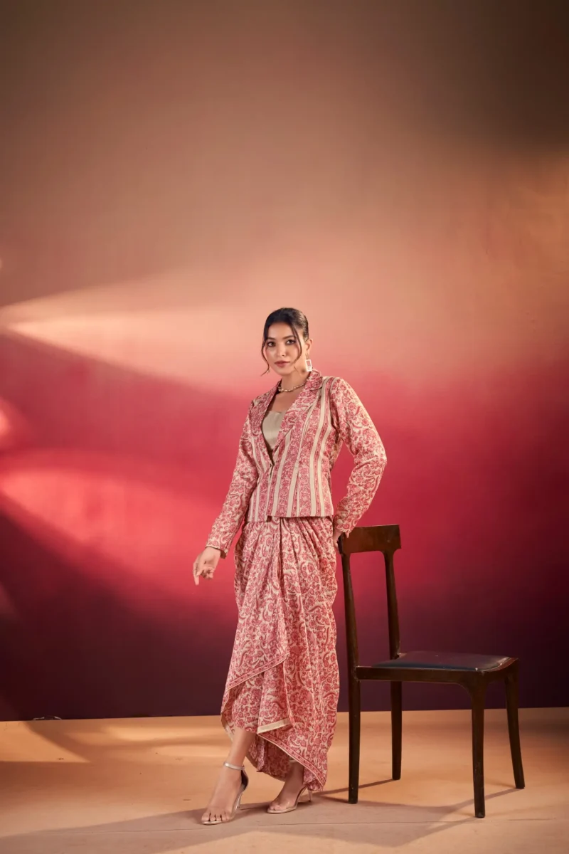 Salmon Colour Boho Indo Western Dress with Printed Drapped Skirt front look