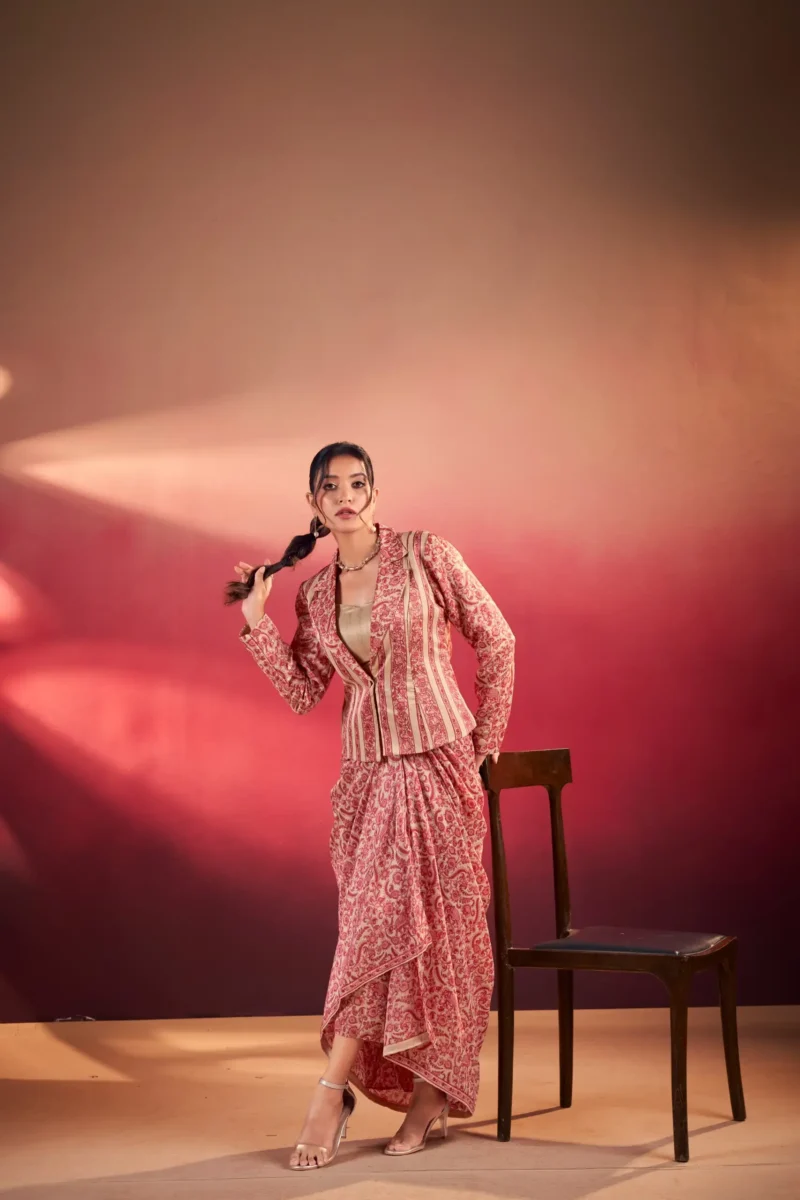 Salmon Colour Boho Indo Western Dress with Printed Drapped Skirt