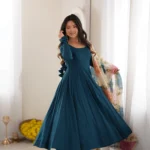Teal Blue Pure Romansilk Anarkali Gown flair look
