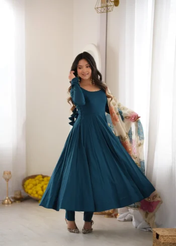 Teal Blue Pure Romansilk Anarkali Gown flair look