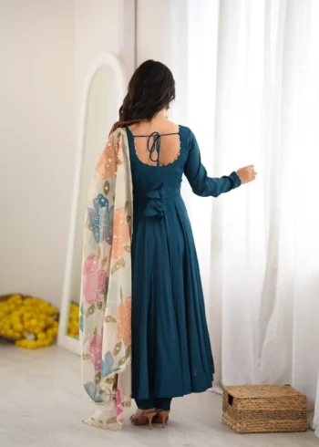 Teal Blue Pure Romansilk Anarkali Gown back design