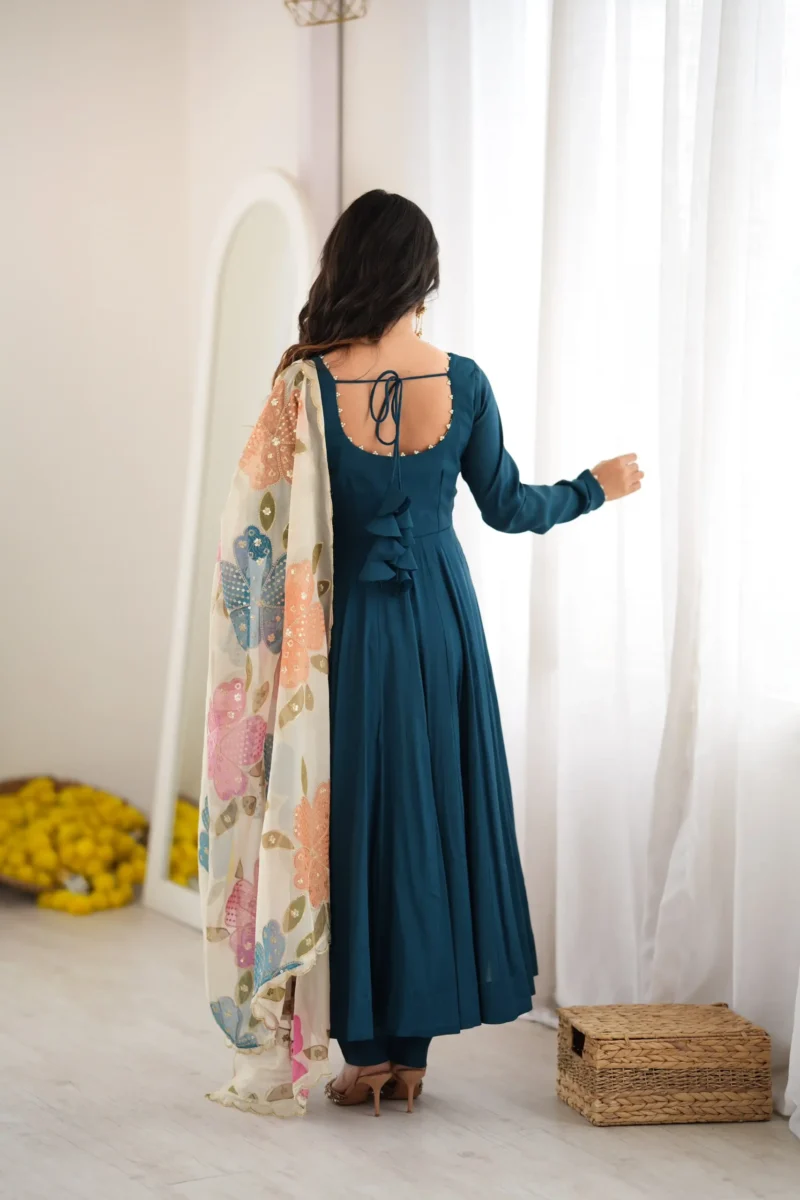 Teal Blue Pure Romansilk Anarkali Gown back design