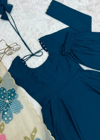 Teal Blue Pure Romansilk Anarkali Gown with Printed Dupatta - Image 6