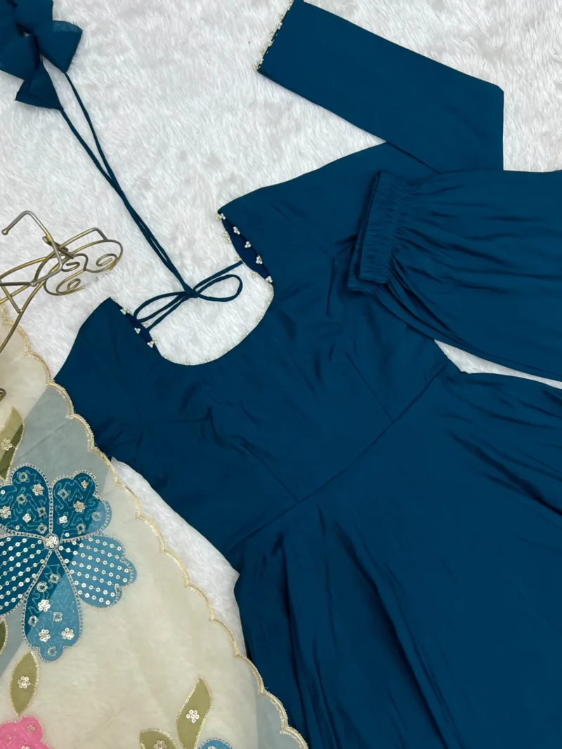 Teal Blue Pure Romansilk Anarkali Gown with Printed Dupatta - Image 6