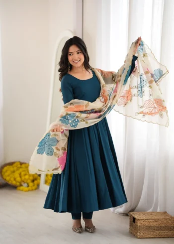 Teal Blue Pure Romansilk Anarkali Gown dupatta look