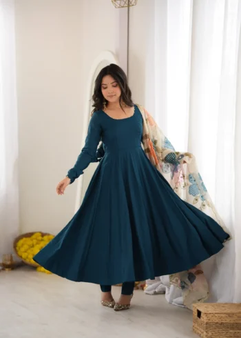Teal Blue Pure Romansilk Anarkali Gown front look