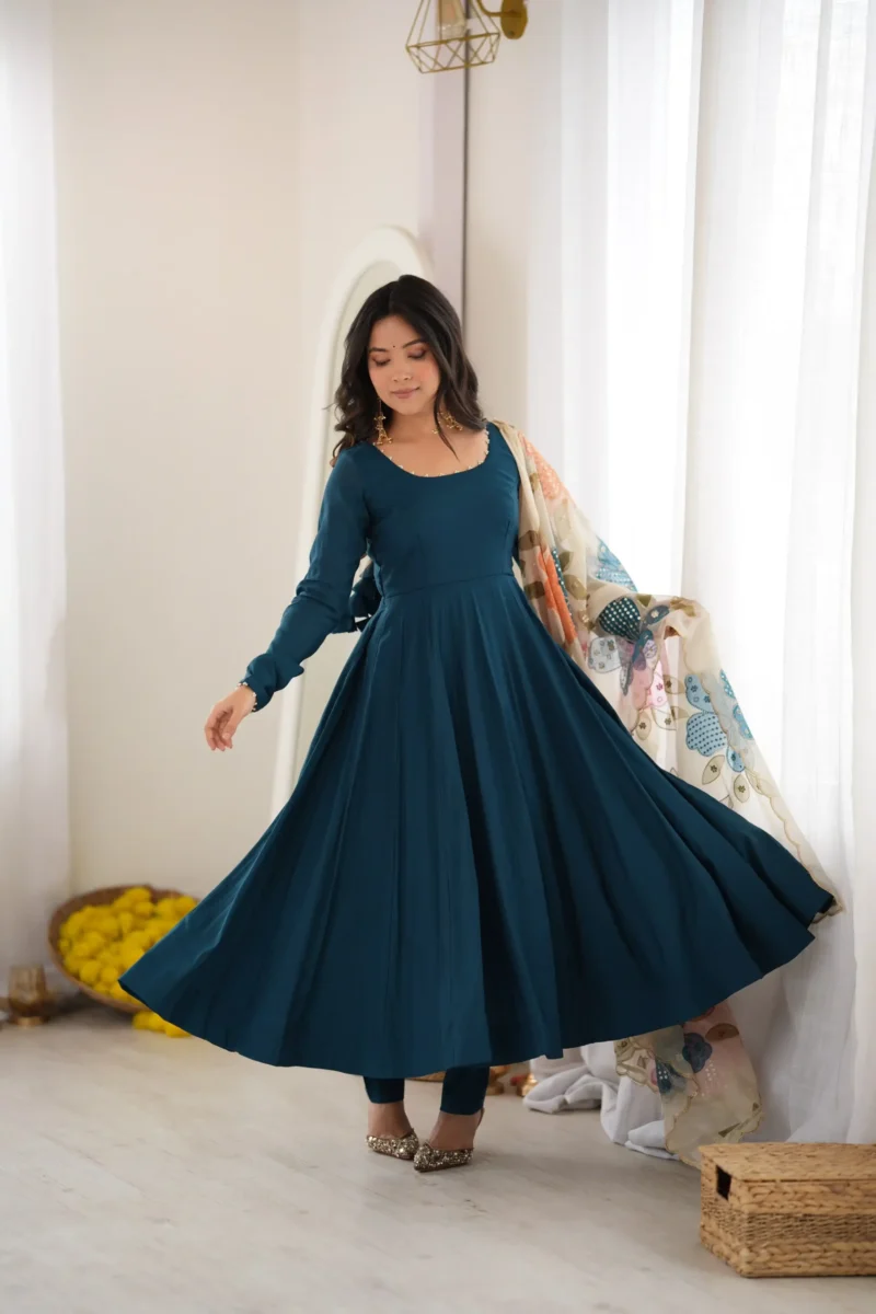 Teal Blue Pure Romansilk Anarkali Gown front look