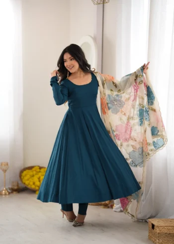 Teal Blue Pure Romansilk Anarkali Gown flair view