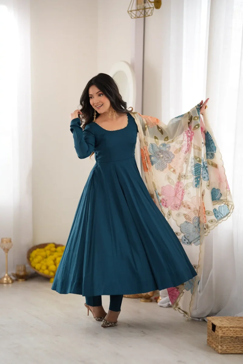 Teal Blue Pure Romansilk Anarkali Gown flair view