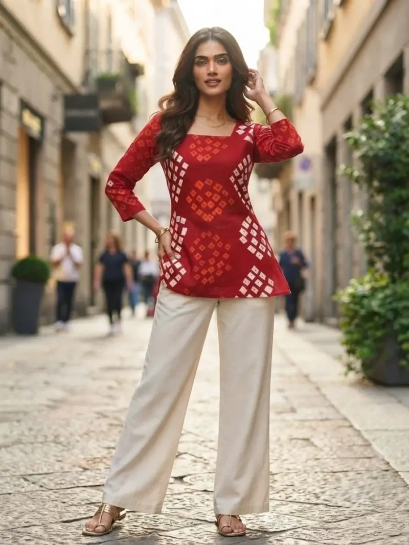 Traditional Red Bandhani Printed 60-60 Cotton Top full front