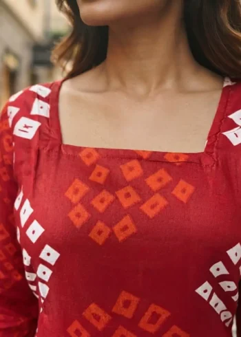 Traditional Red Bandhani Printed 60-60 Cotton Top close neck