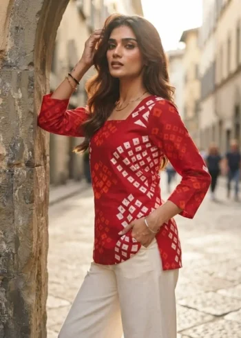 Traditional Red Bandhani Printed 60-60 Cotton Top side look