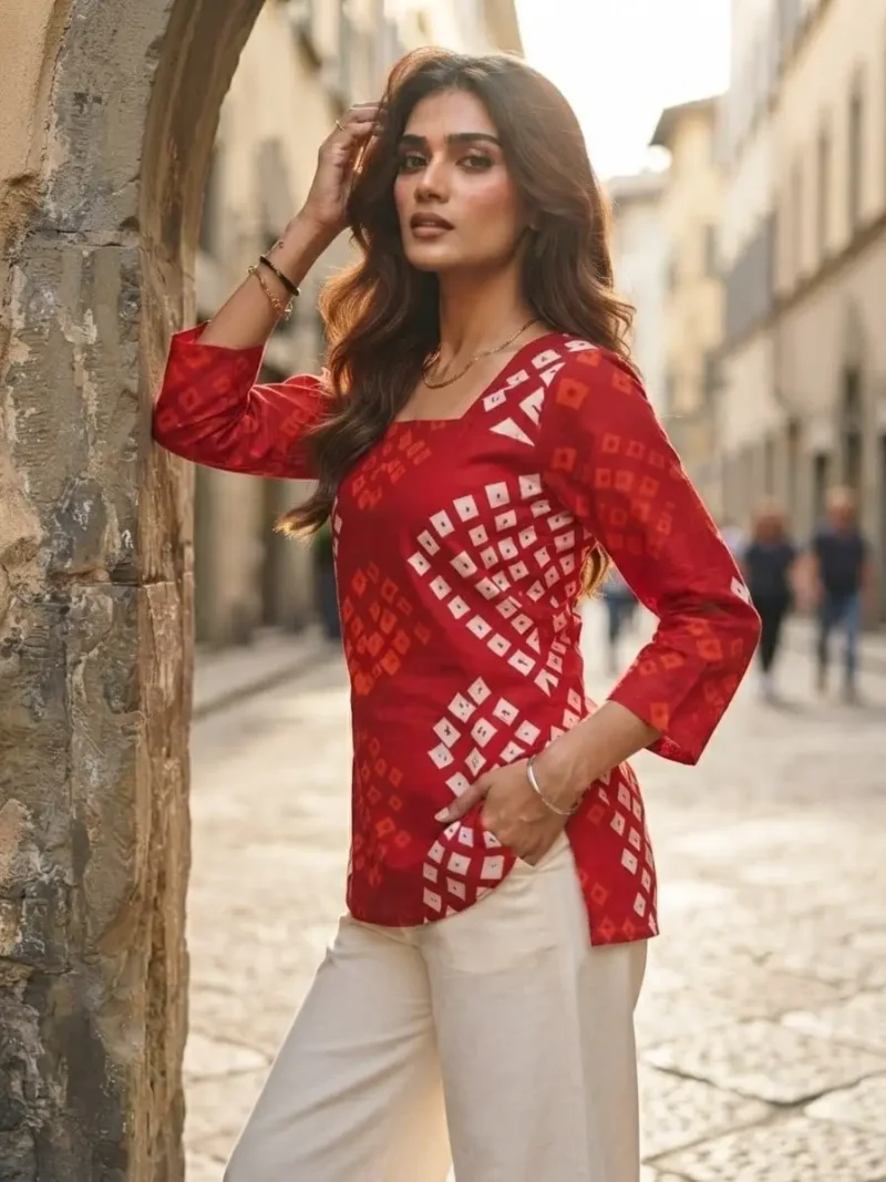 Traditional Red Bandhani Printed 60-60 Cotton Top side look