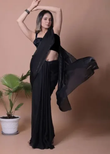 Black Fendi Satin Silk Plain Saree for Party and Farewell Wear