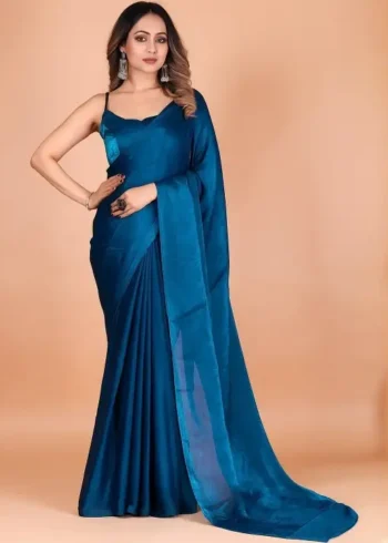 Blue Fendi Satin Silk Plain Saree for Party and Farewell Wear