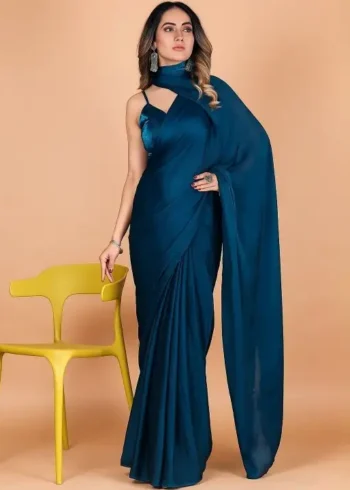Blue Fendi Satin Silk Plain Saree for Party and Farewell Wear front look