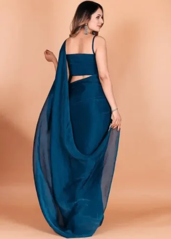 Blue Fendi Satin Silk Plain Saree for Party and Farewell Wear back