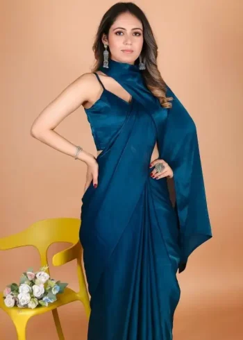Blue Fendi Satin Silk Plain Saree for Party and Farewell Wear close