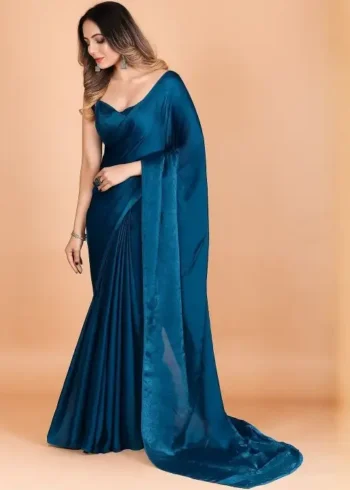 Blue Fendi Satin Silk Plain Saree for Party and Farewell Wear