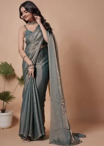 Grey Fendi Satin Silk Plain Saree for Party and Farewell Wear full look