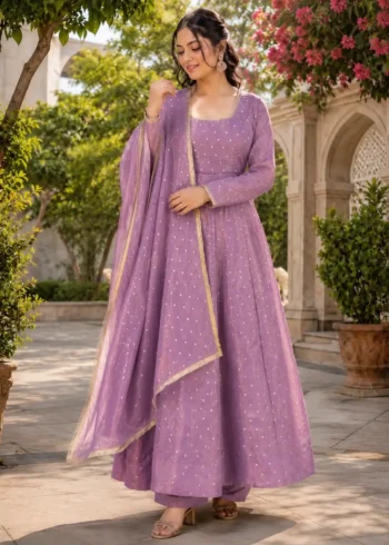 Twilight Lavender Party Wear Gown Set with Dupatta front look