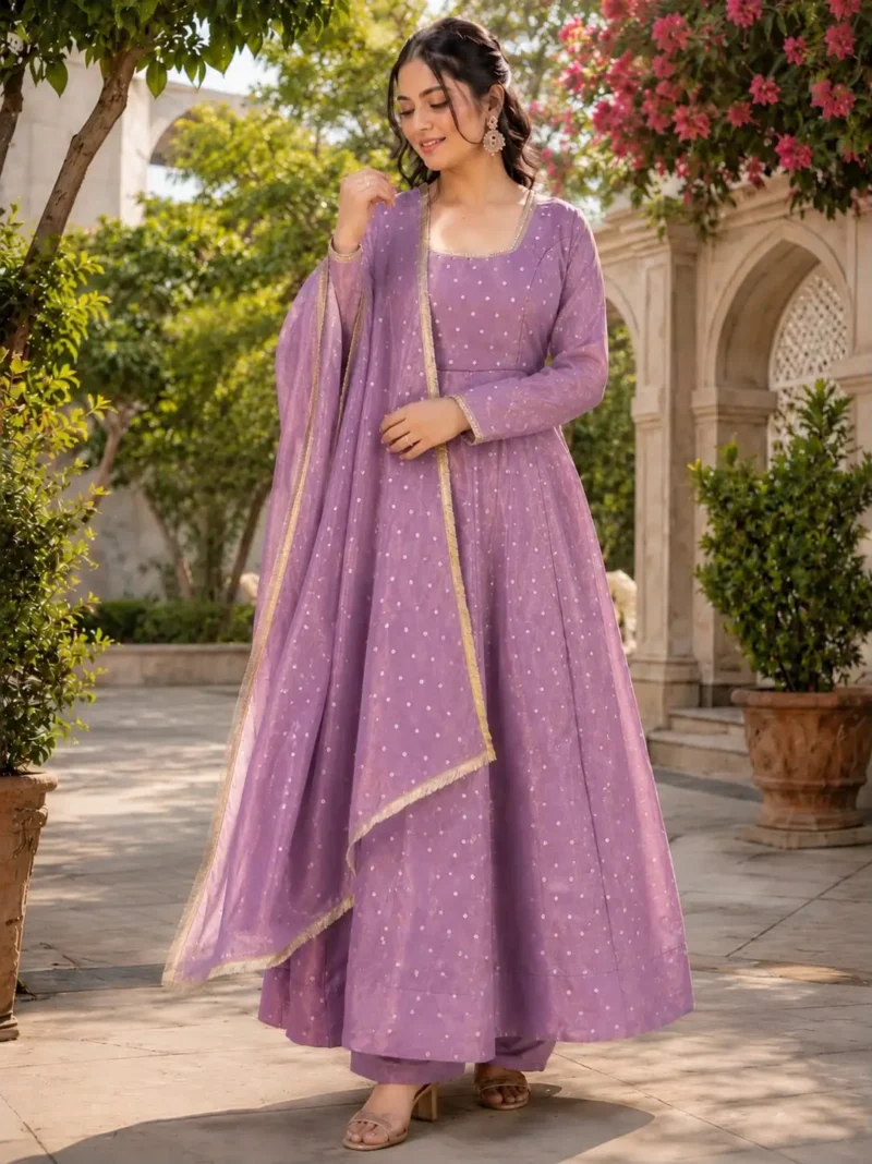 Twilight Lavender Party Wear Gown Set with Dupatta front look