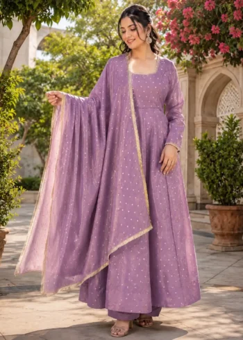 Twilight Lavender Party Wear Gown Set with Dupatta look