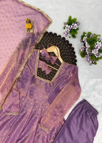 Twilight Lavender Party Wear Gown Set with Dupatta close work