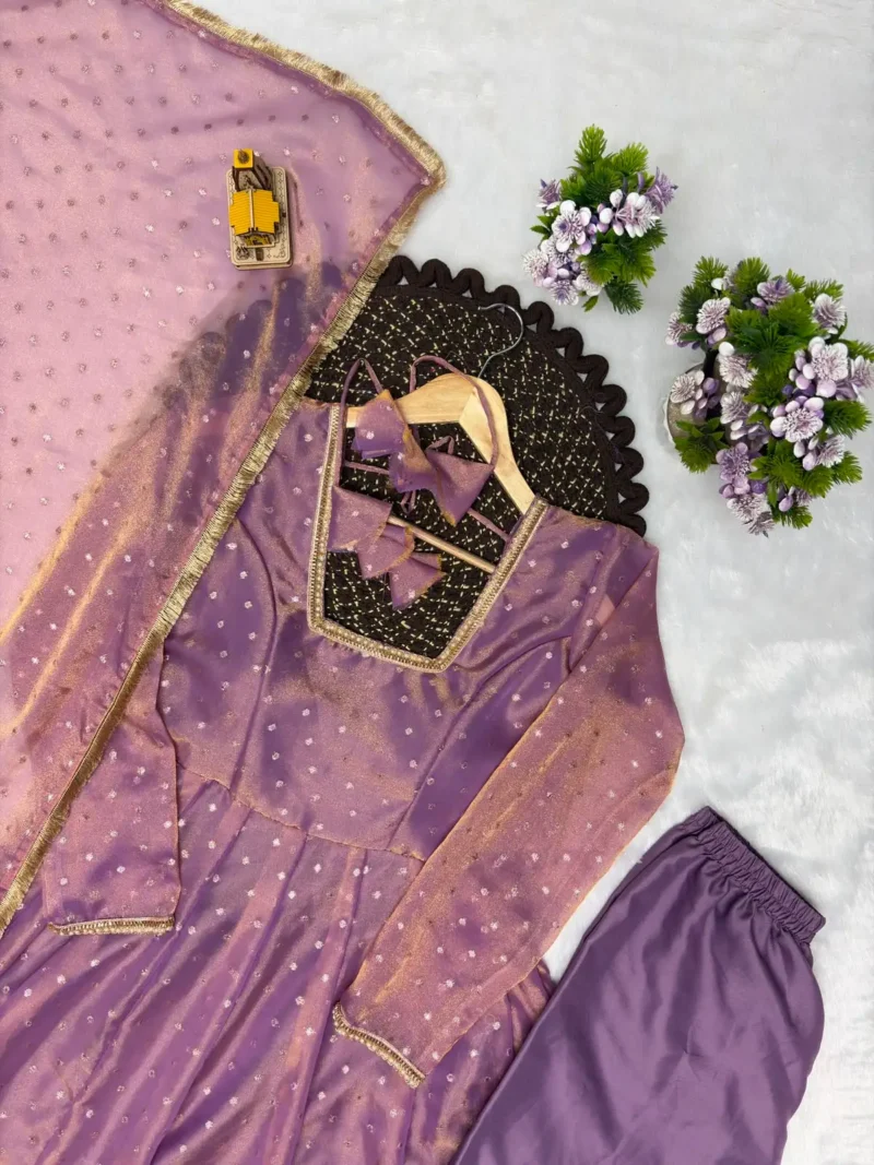 Twilight Lavender Party Wear Gown Set with Dupatta close work