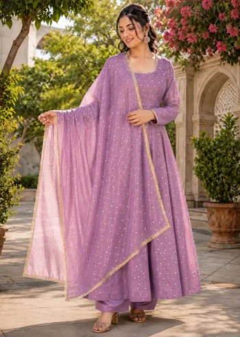 Twilight Lavender Party Wear Gown Set with Dupatta front design