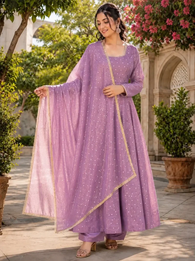 Twilight Lavender Party Wear Gown Set with Dupatta front design