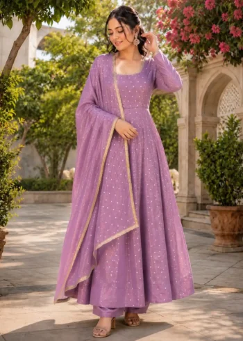 Twilight Lavender Party Wear Gown Set with Dupatta