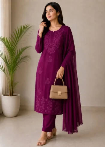Velvet Rayon Cotton Salwar Suit with Embroidered Kurta full look