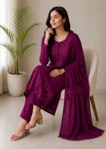 Velvet Rayon Cotton Salwar Suit with Embroidered Kurta sitting pose
