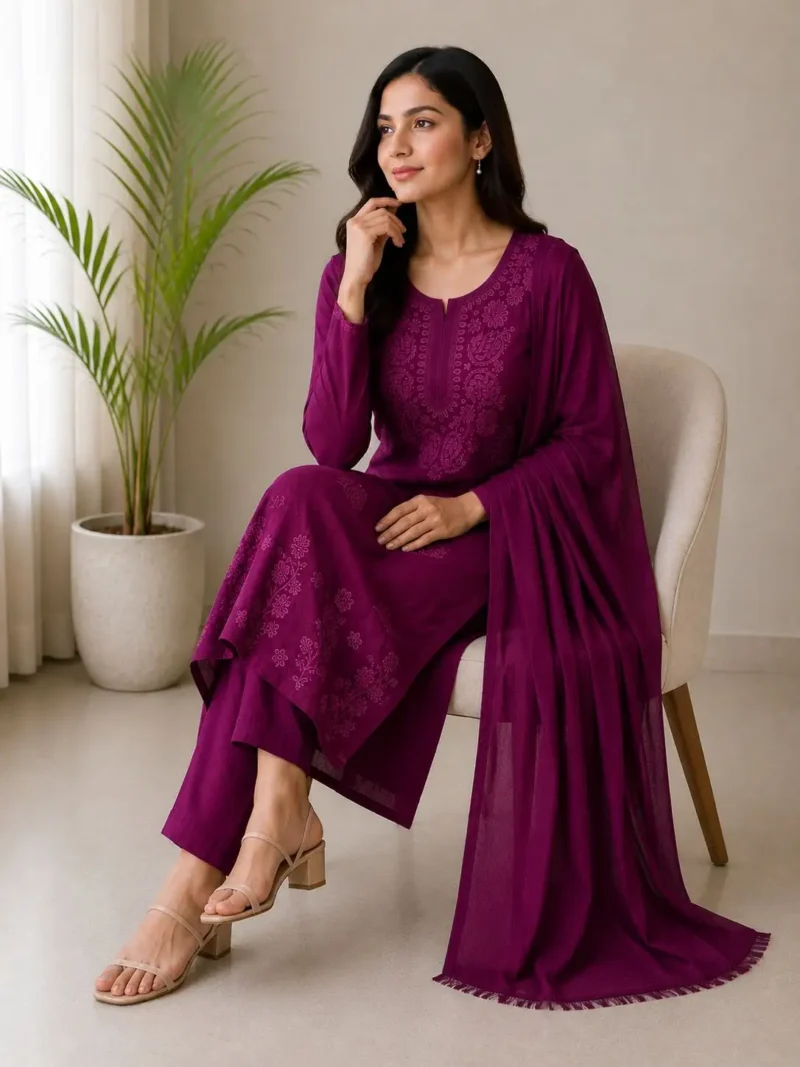 Velvet Rayon Cotton Salwar Suit with Embroidered Kurta sitting pose