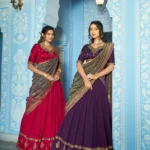 Two girls wearing Rani pink and dark purple Colour Vichitra Silk Reception Lehenga