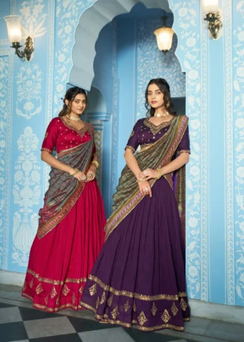 Two girls wearing Rani pink and dark purple Colour Vichitra Silk Reception Lehenga