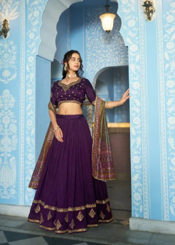 Dark Purple Colour Vichitra Silk Reception Lehenga with Sequins and Thread Embroidery front look