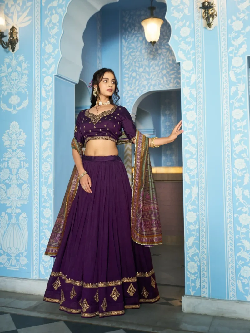 Dark Purple Colour Vichitra Silk Reception Lehenga with Sequins and Thread Embroidery front look