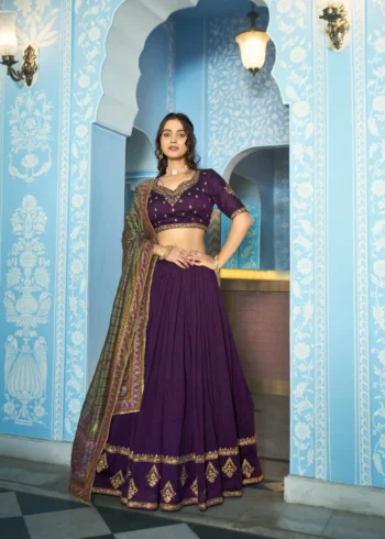 Dark Purple Colour Vichitra Silk Reception Lehenga with Sequins and Thread Embroidery full front look