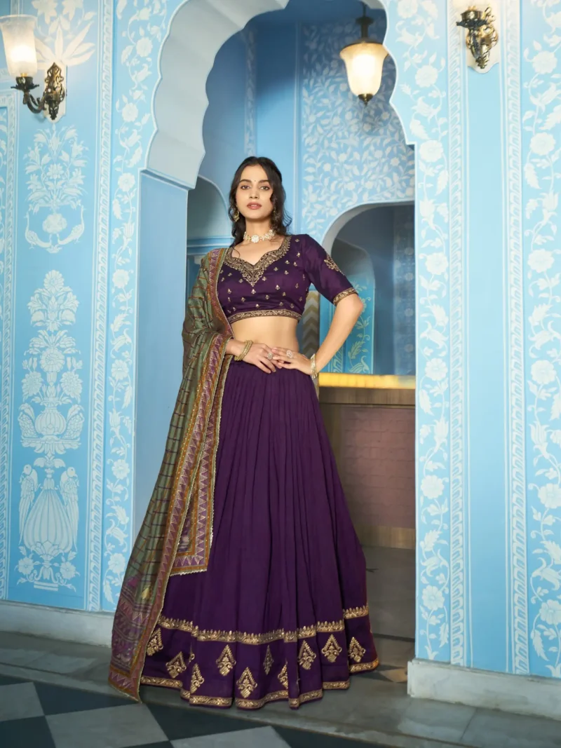 Dark Purple Colour Vichitra Silk Reception Lehenga with Sequins and Thread Embroidery full front look