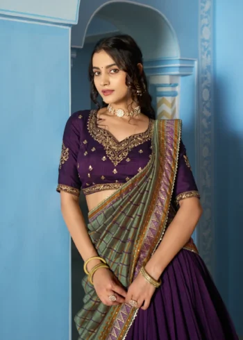 Dark Purple Colour Vichitra Silk Reception Lehenga with Sequins and Thread Embroidery close